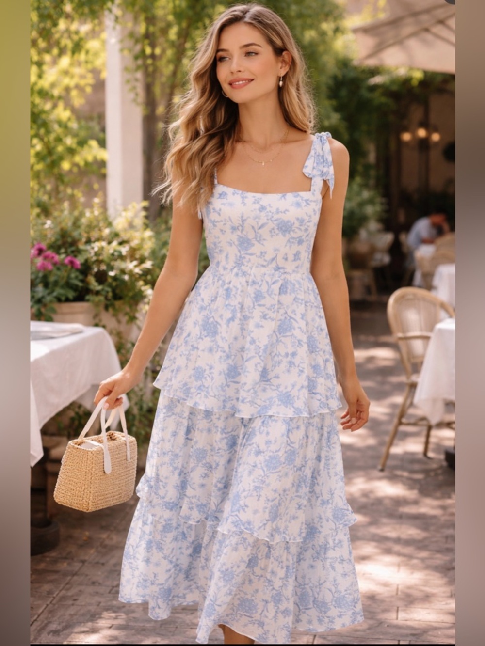 Light Blue Floral Tie-Strap Tiered Maxi Dress